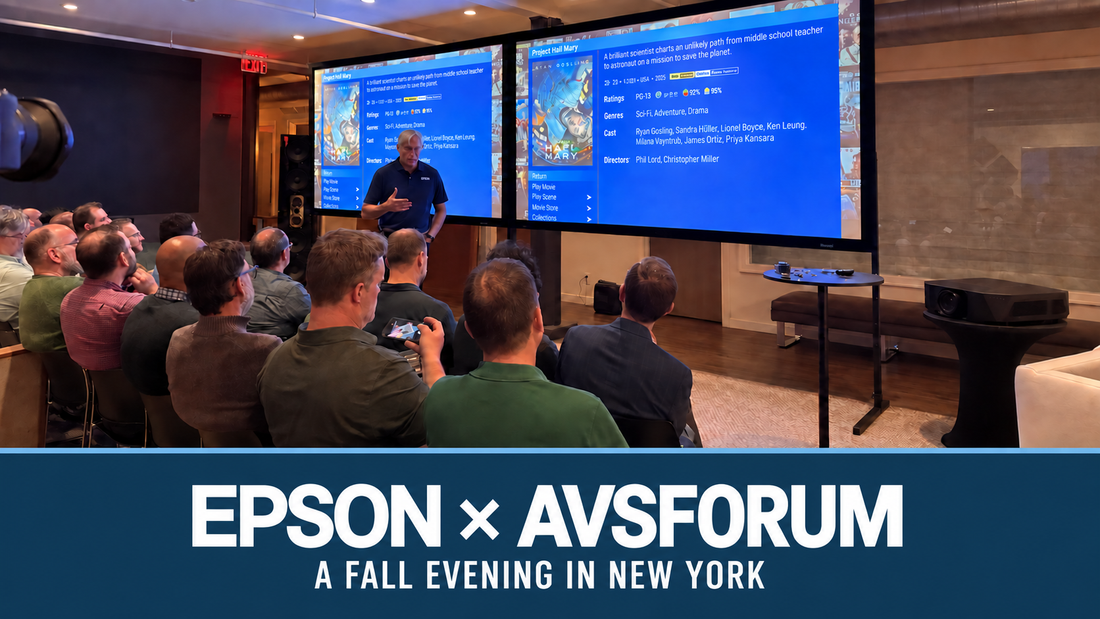 Epson and AVSForum New York event cover, with the presentation room above a navy title band and white lettering.