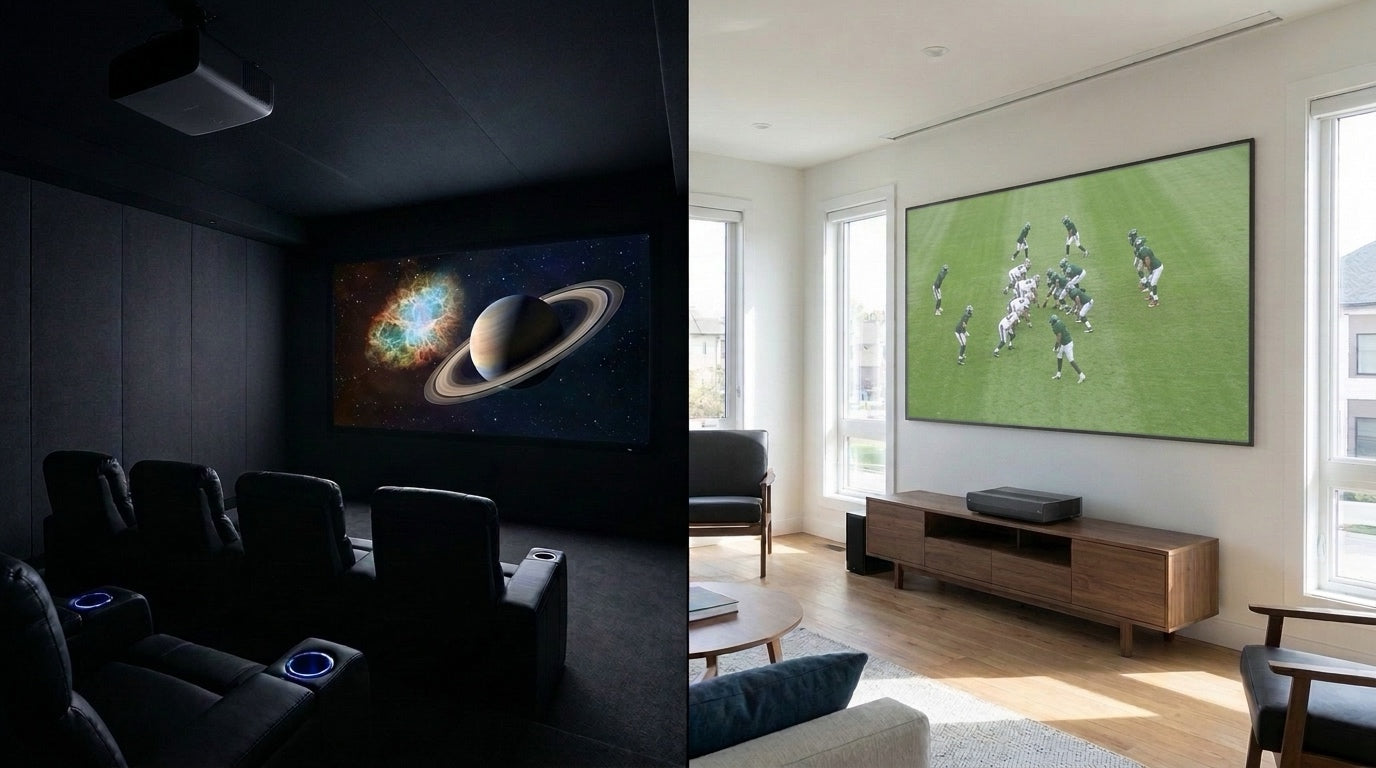 Split comparison showing a dedicated dark home theater room on the left and a sunlit modern living room with a UST laser projector and CLR screen on the right
