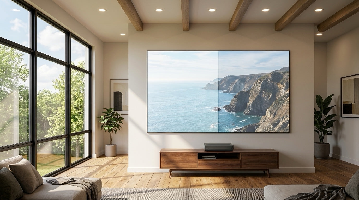 Side-by-side split screen in a bright sunlit living room comparing a washed-out Matte White 1.0 gain screen on the left against a higher-contrast Ambient Light Rejecting ALR/CLR screen on the right