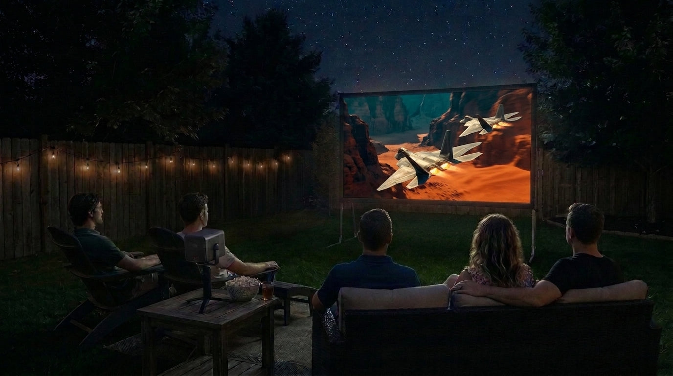 Warm summer night backyard movie scene with five viewers seated facing a 140-inch freestanding outdoor screen illuminated by a portable RGB triple-laser gimbal projector under starry skies and fence string lights