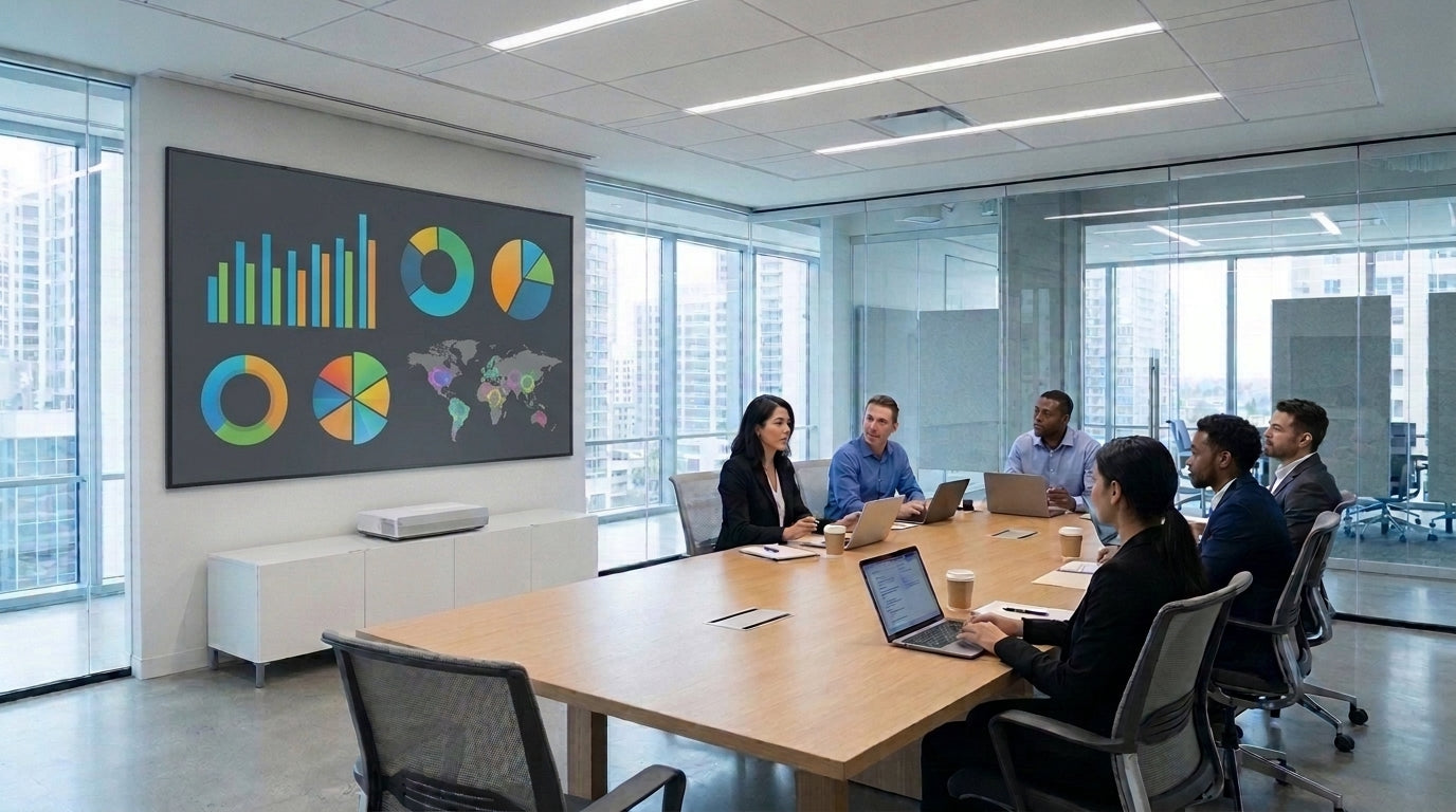 Glass-walled corporate boardroom with a commercial white ultra-short-throw laser projector on a low credenza projecting a 120-inch presentation under full daytime office lighting