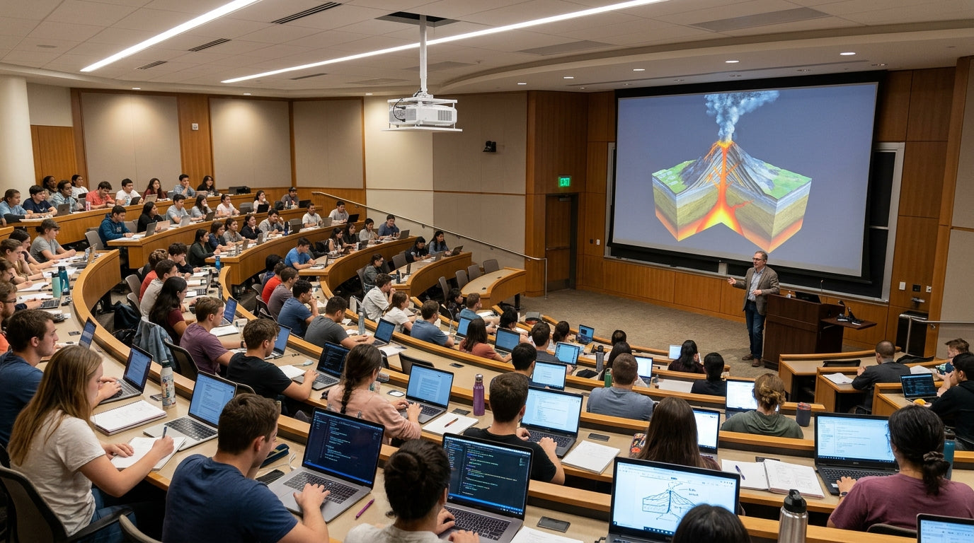 Tiered university lecture hall with full note-taking lights on and a high-lumen ceiling-mounted laser projector displaying a geological cross-section diagram on a 180-inch screen