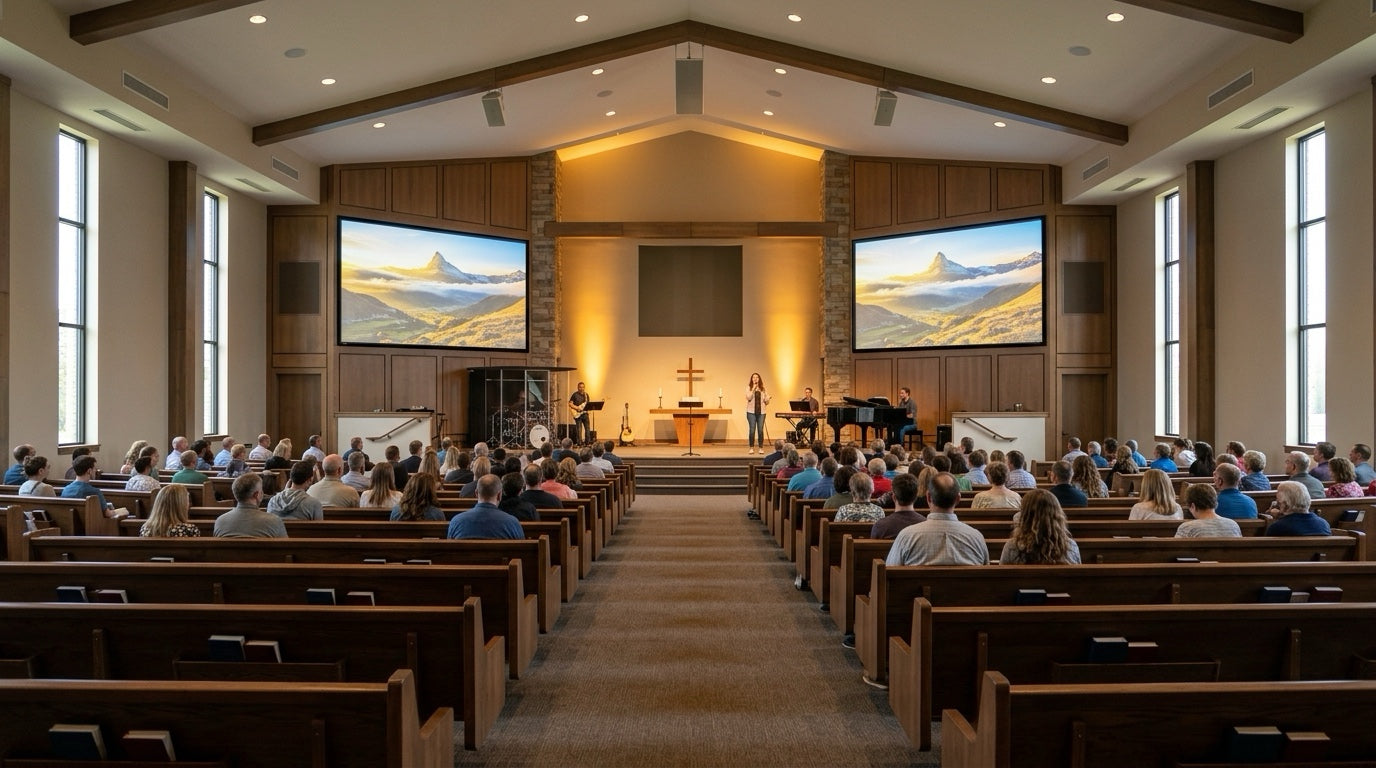 Modern house of worship sanctuary with daylight windows and stage lighting, featuring dual 160-inch projection screens illuminated by ceiling-mounted commercial laser projectors