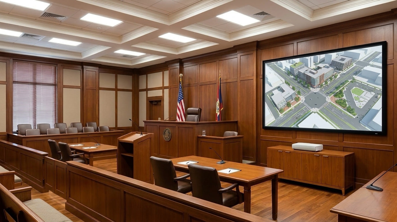 Modern municipal courtroom with a commercial ultra-short-throw laser projector on a side-wall credenza displaying a 3D forensic street intersection exhibit on a 130-inch screen under full room lighting