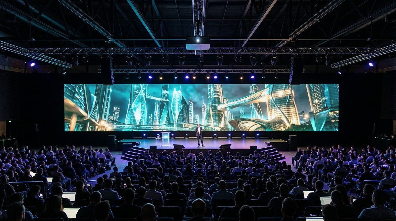 Large convention center keynote hall with a truss-mounted large-venue laser projector illuminating a 250-inch widescreen stage backdrop under bright stage lighting