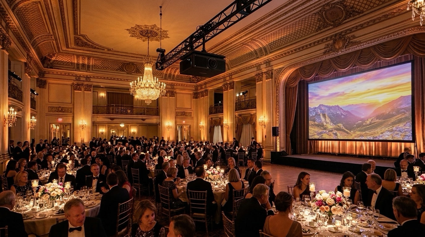 Luxury hotel grand ballroom during an evening gala dinner with glowing crystal chandeliers and a truss-mounted white commercial laser projector illuminating a 200-inch stage screen