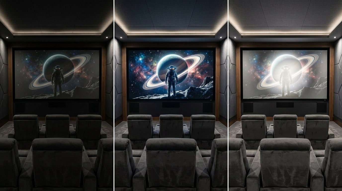 Three-panel visual comparison in a dark home theater showing a sci-fi astronaut scene under Too Dim (<16 ftL / <55 nits), Properly Calibrated Reference (27–39 ftL / 90–135 nits), and Over-Bright with Central Hotspot and Raised Gray Blacks (160+ ftL / 550+ nits)