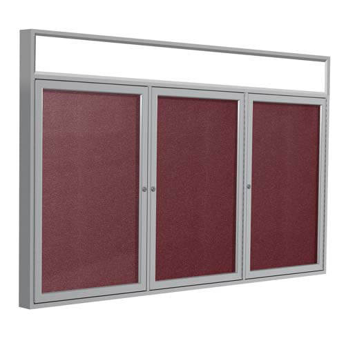 Ghent 96" x 48" 3-Door Satin Alum Frame w/Illuminated Headliner Enclsd Vinyl Tackboard - Berry