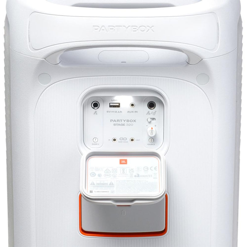 JBL PartyBox Stage 320 Portable party speaker - JBL Pro Sound, lightshow, splashproof, telescopic handle, wheels - White