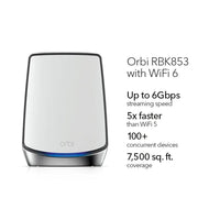 NETGEAR RBK853-100NAS Orbi AX6000 Tri-Band WiFi 6 Mesh System with Router & 2 Satellites, Covers Up to 7,500 Sq. Ft.