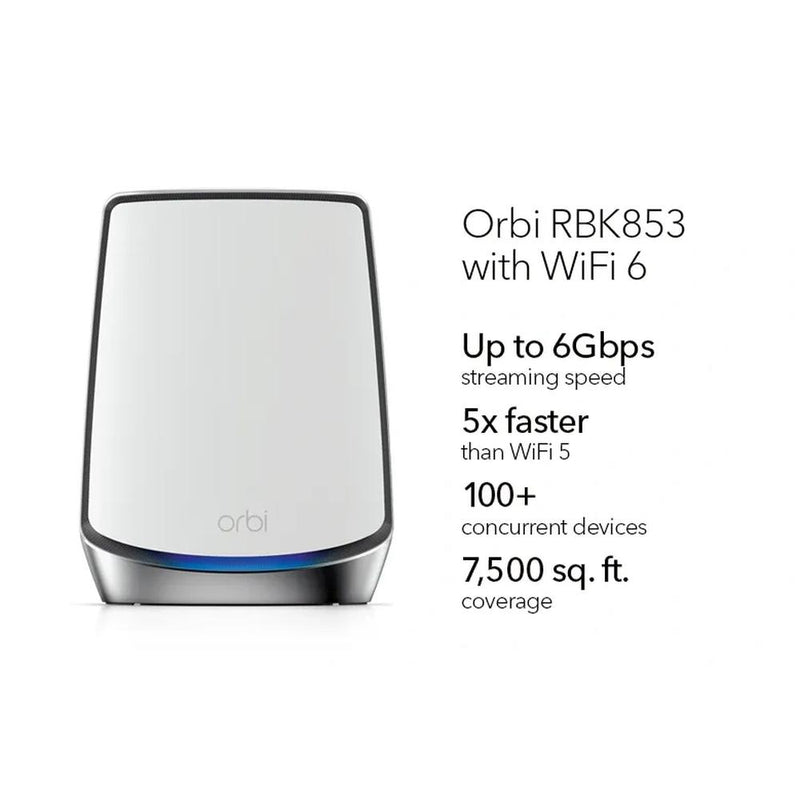 NETGEAR RBK853-100NAS Orbi AX6000 Tri-Band WiFi 6 Mesh System with Router & 2 Satellites, Covers Up to 7,500 Sq. Ft.
