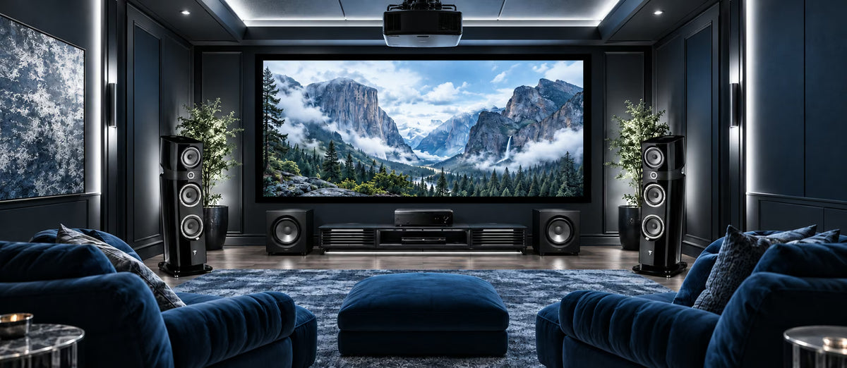 A complete home theater: ceiling-mounted projector, large screen, tower speakers, subwoofers, A/V receiver and theater seating