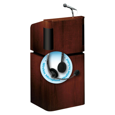 Tabletop & Base Combo Sound Lectern (Mahogany on Walnut) with headset wireless mic