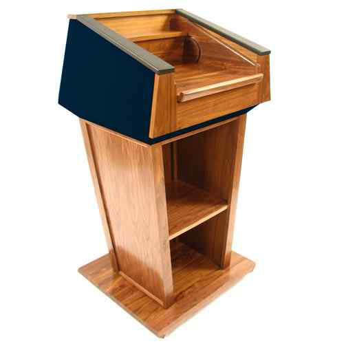 Amplivox SS3040-OK-BlueFabric Patriot Solid Hardwood Multimedia Lectern with Sound and Oak Finish/Blue Fabric - Amplivox-SS3040-OK-BlueFabric