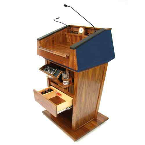Amplivox SW3045-CH-BlueFabric Patriot Plus Solid Hardwood Multimedia Lectern with Wireless Sound and Cherry Finish/Blue Fabric - Amplivox-SW3045-CH-BlueFabric