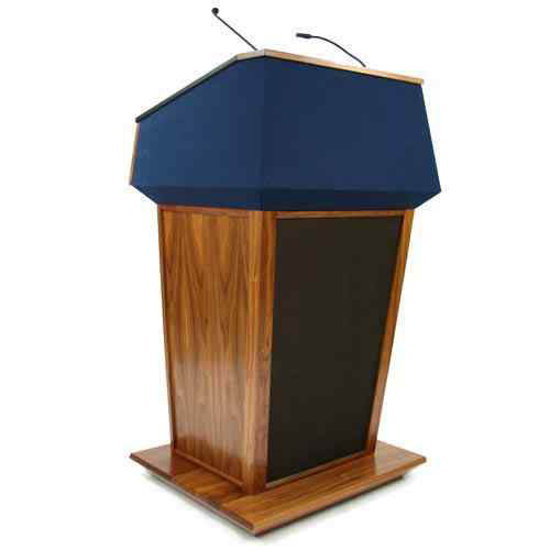 Amplivox SW3045-CH-BlueFabric Patriot Plus Solid Hardwood Multimedia Lectern with Wireless Sound and Cherry Finish/Blue Fabric