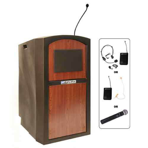 Amplivox SW3250-Mahogany Pinnacle Rugged Plastic Floor Lectern with Wireless Sound System and Mahogany Panels